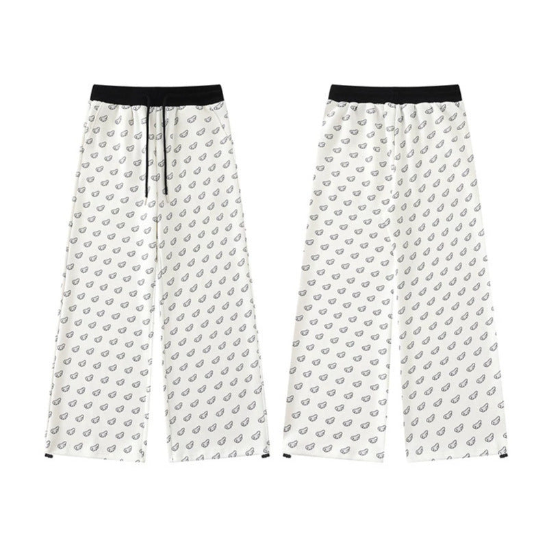 Damen Weite Palazzo-Loungehose mit elastischem Komfortbund, Kordelzug und Allover-Mini-Icon-Print Nord Taschen