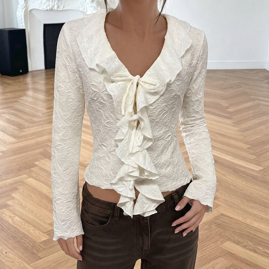 Damen Rüschenbluse aus Strukturjersey mit V-Ausschnitt und Bindeschleife Nord Taschen
