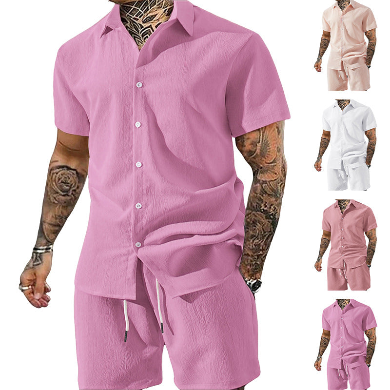 Herren nan Crinkle-Lounge-Set mit offenem Revershemd, integriertem Kurzarm-T-Shirt und Kordel-Bermuda Nord Taschen