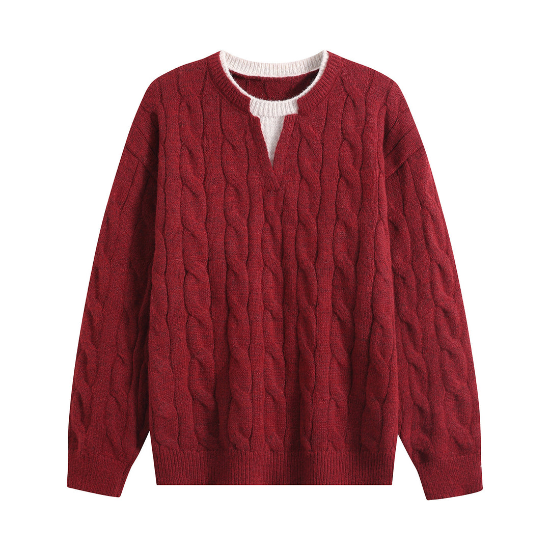 Damen Oversize Zopfmuster-Pullover mit V‑Schlitzkragen Nord Taschen