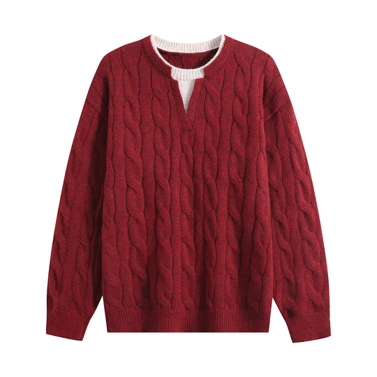Damen Oversize Zopfmuster-Pullover mit V‑Schlitzkragen Nord Taschen
