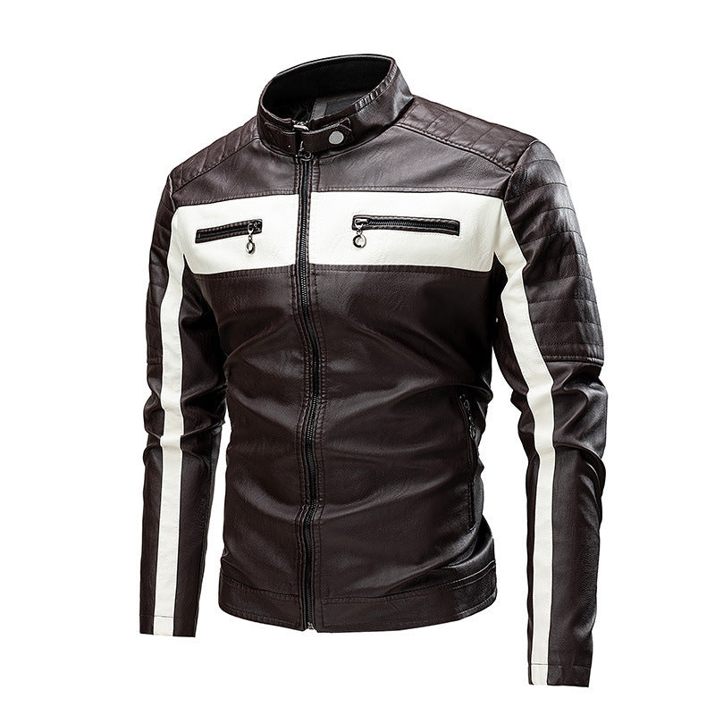 Herren Biker-Lederjacke im Colorblock-Design mit gesteppter Schulterpartie und Stehkragen Nord Taschen
