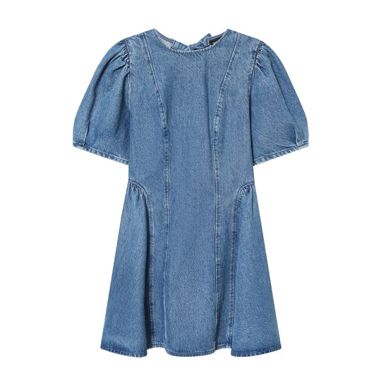 Damen Denim-Kleid mit Puffärmeln, Teilungsnähten und ausgestellter A-Linie Nord Taschen