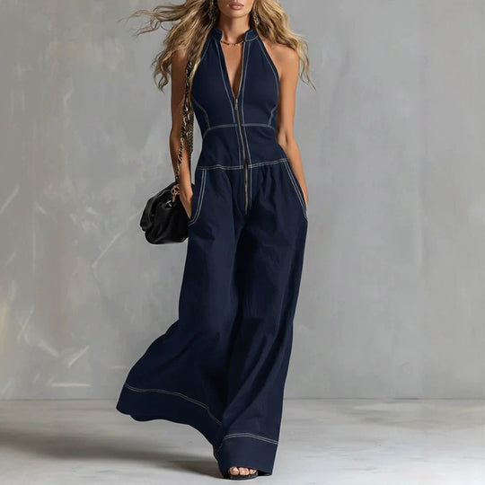 Damen Ärmelloser Halter-Jumpsuit mit Reißverschluss, weitem Bein und Eingrifftaschen Nord Taschen