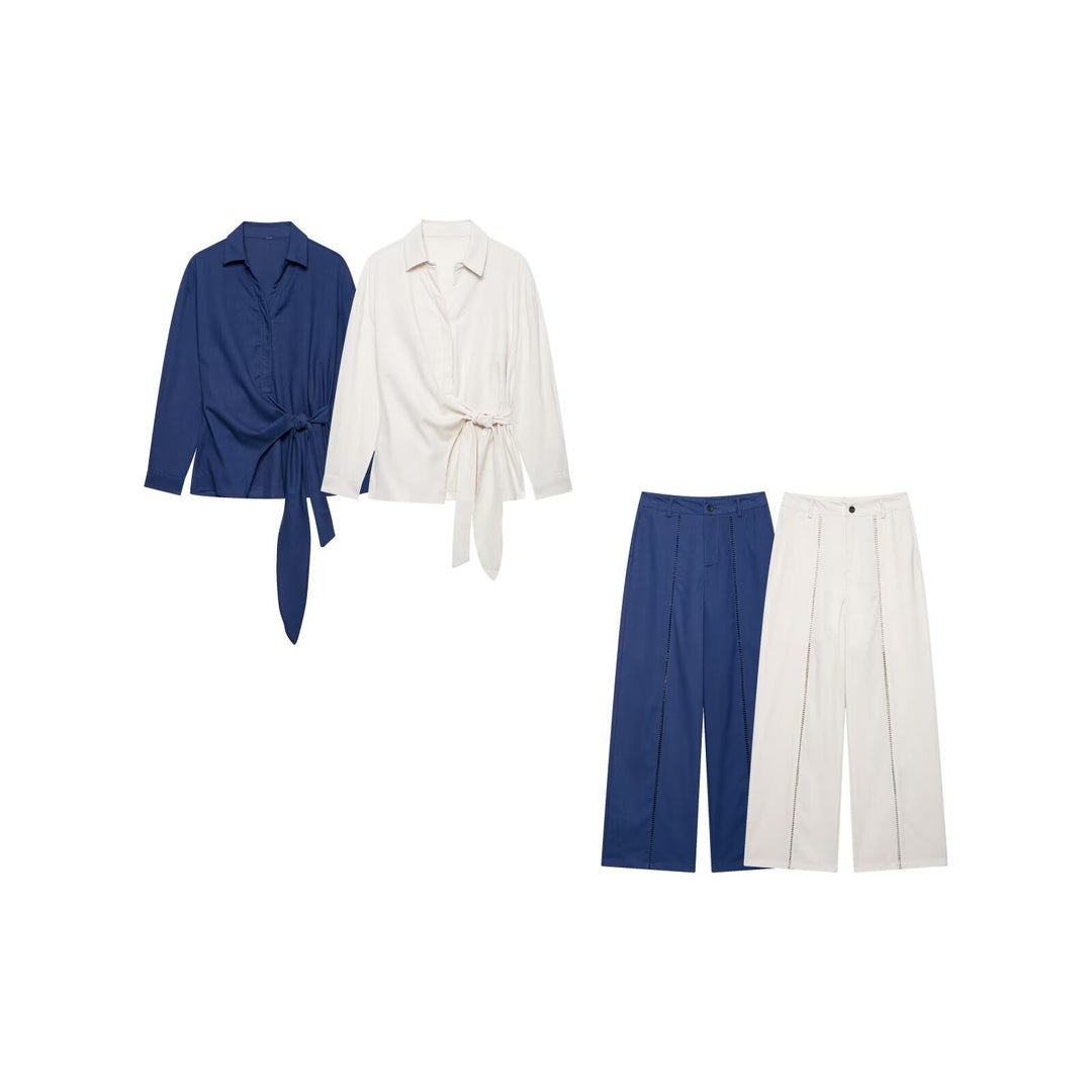 Damen Zweiteiliges Ensemble aus Wickelbluse mit Taillenschleife und weit geschnittener Leinenhose mit Zierstreifen Nord Taschen