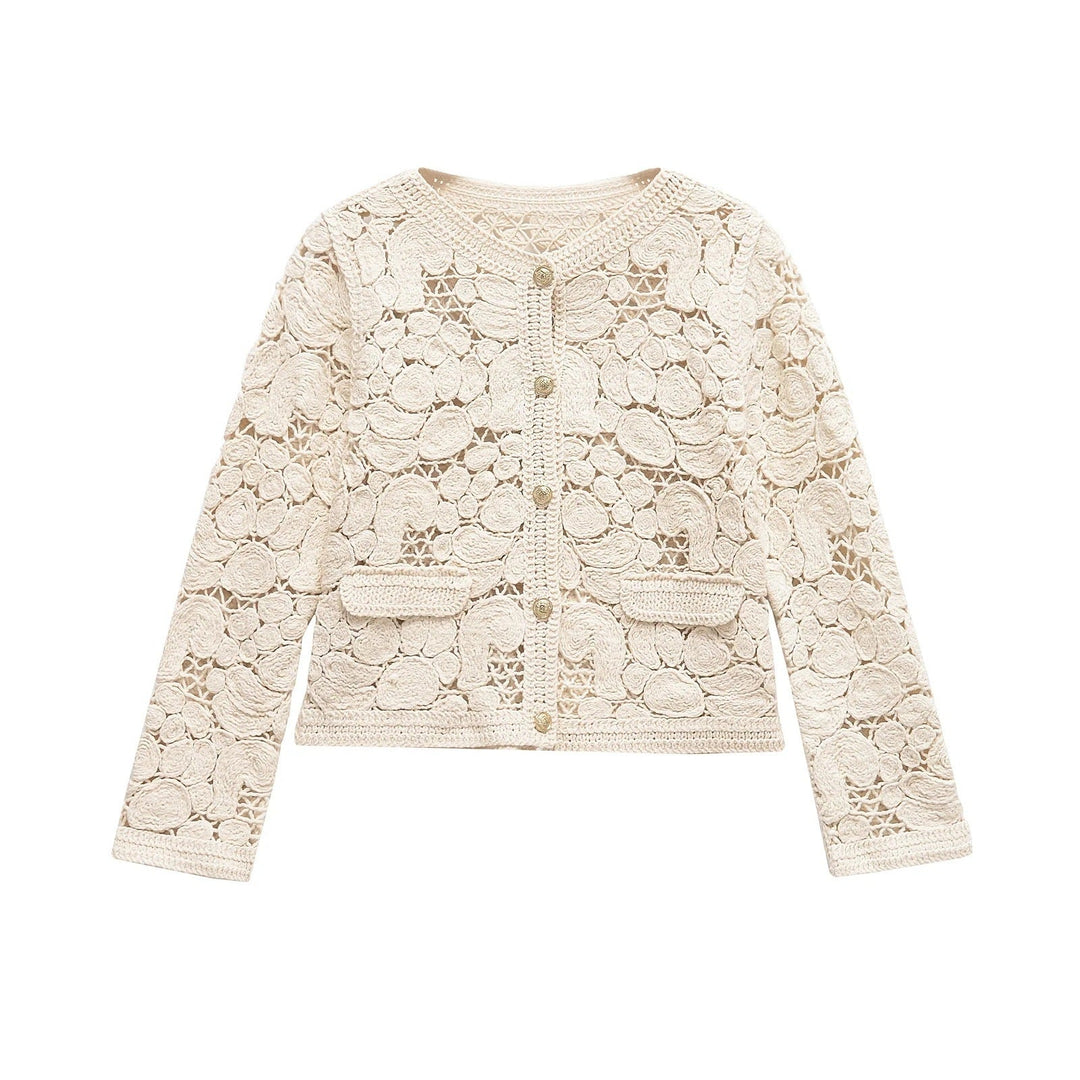 Damen Strickjacke Aus Feiner Spitze mit Dekorativen Knopfdetails und Eleganter Silhouette