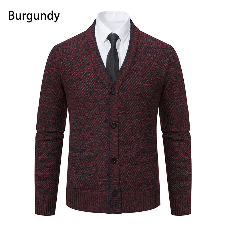 Herren melierter Strukturstrick-Cardigan mit V-Ausschnitt, Kontrastkanten und aufgesetzten Taschen Nord Taschen