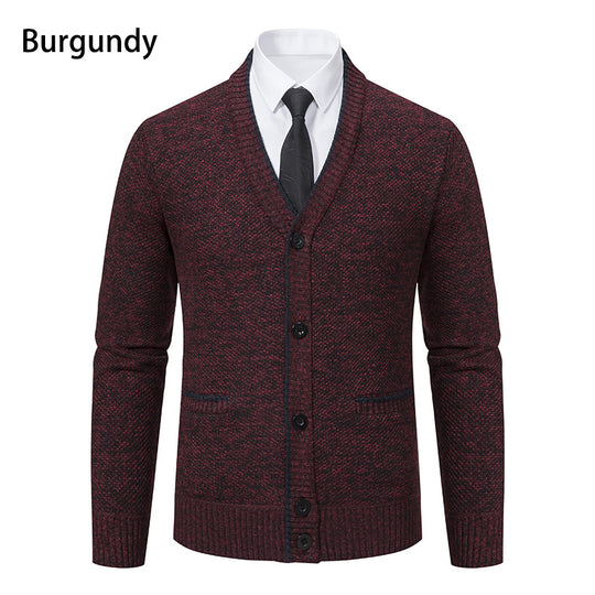 Herren melierter Strukturstrick-Cardigan mit V-Ausschnitt, Kontrastkanten und aufgesetzten Taschen Nord Taschen