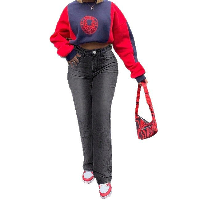 Damen hochtaillierte geradlinige Denim-Hose mit formendem Taillenbund und längerem Bein Nord Taschen
