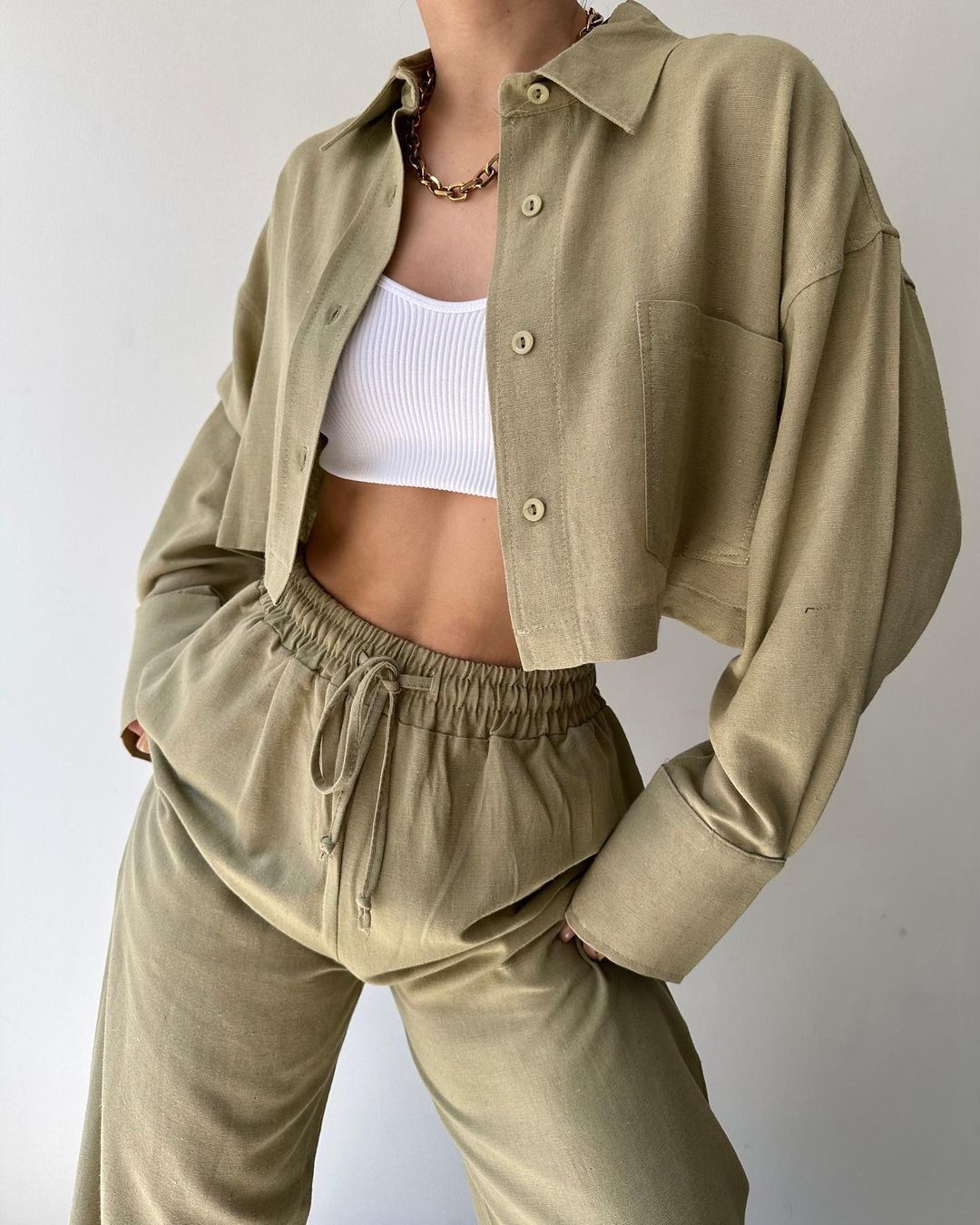 Damen Leinenoptik-Loungewear-Set mit Cropped-Overshirt und High-Waist-Tunnelzughose Nord Taschen