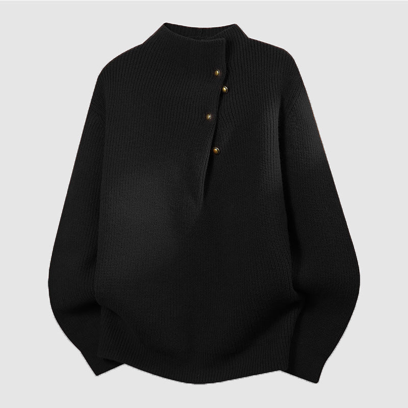 Damen Oversized Feinstrick-Pullover mit asymmetrischer Knopfleiste und Stehkragen Nord Taschen