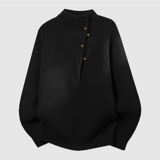 Damen Oversized Feinstrick-Pullover mit asymmetrischer Knopfleiste und Stehkragen Nord Taschen