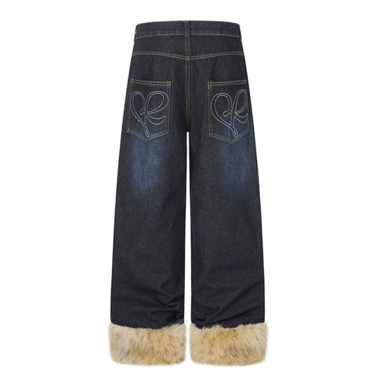 Damen Weite Denim-Palazzo-Jeans mit Fellbündchen und Nieten Nord Taschen