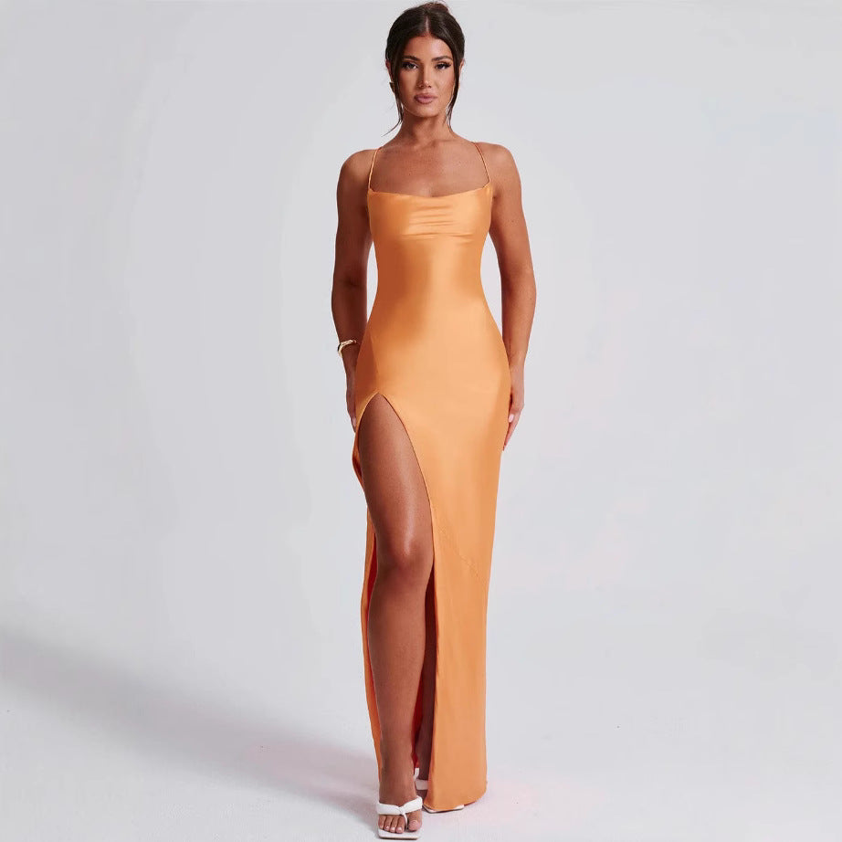 Damen Elegantes Maxikleid mit schmalen Spaghettiträgern und seitlichem Schlitz