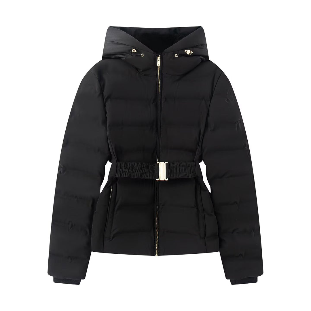 Damen Glänzende Daunenoptik-Steppjacke mit Kapuze und tailliertem Zugbandgürtel Nord Taschen