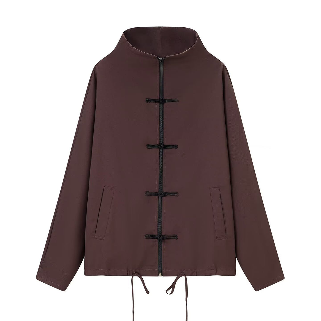 Damen leichte Boxy-Jacke mit Stehkragen, Zipper-Front, Kordelzug und dekorativen Knotenverschlüssen Nord Taschen