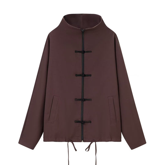 Damen leichte Boxy-Jacke mit Stehkragen, Zipper-Front, Kordelzug und dekorativen Knotenverschlüssen Nord Taschen
