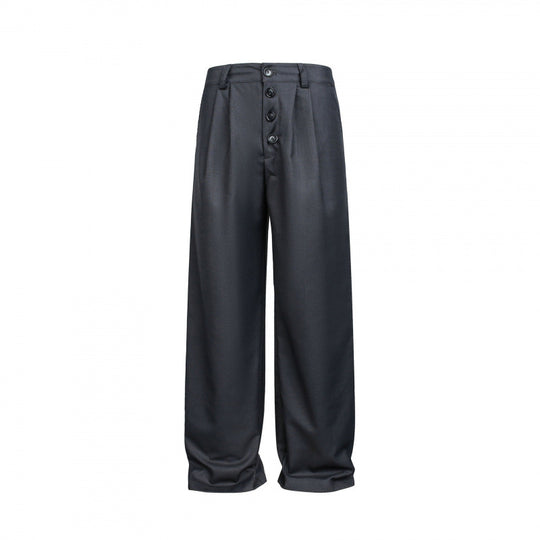 Damen Weite Bundfalten-Hose mit hoher Taille und sichtbarer Knopfleiste Nord Taschen