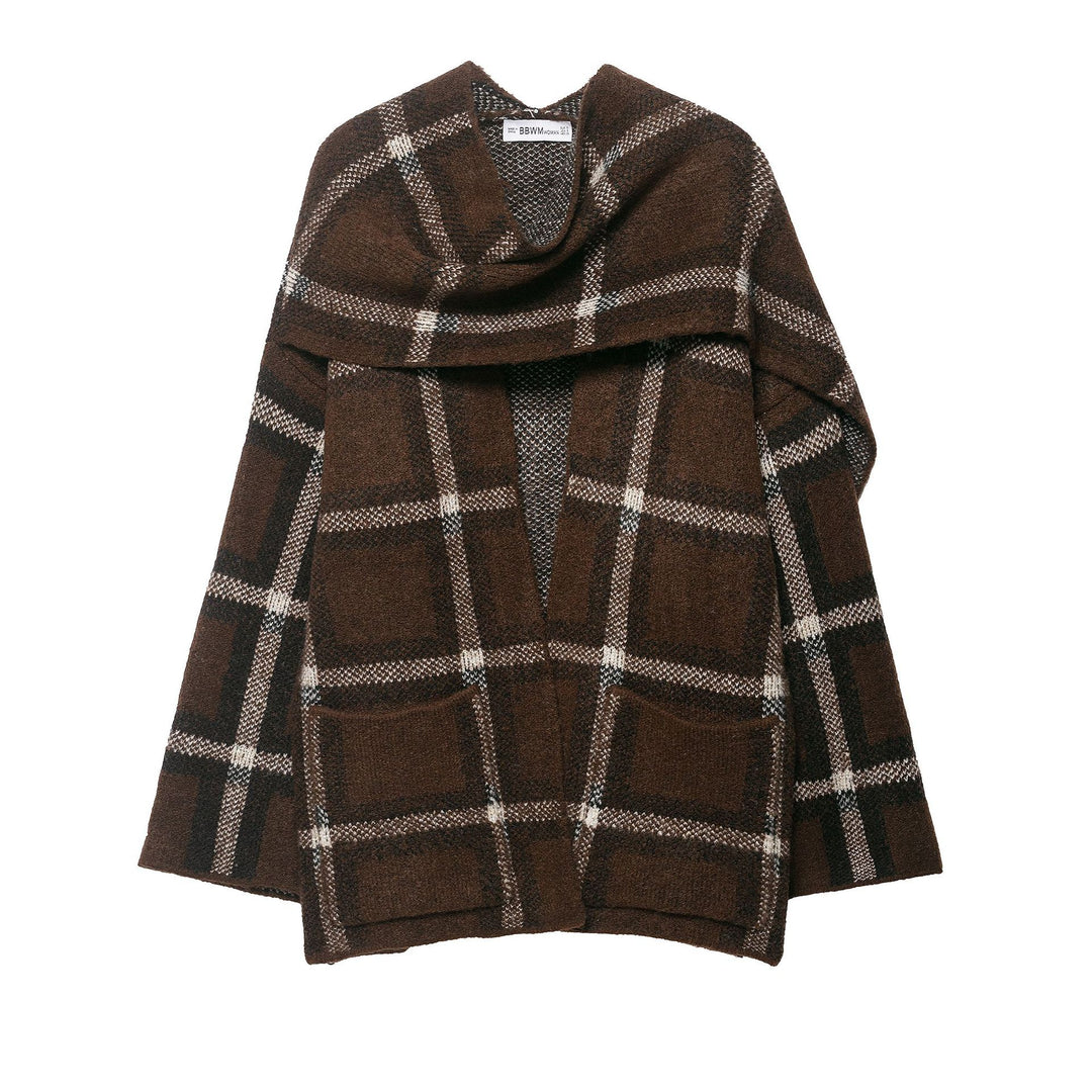 Damen Oversize Cape-Cardigan mit Kapuze, aufgesetzten Taschen und Karomuster Nord Taschen