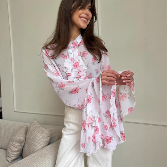 Damen Chiffon-Bluse mit Rosendruck, Volantstufen und Glockenärmeln Nord Taschen