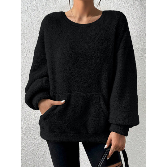 Damen Kuscheliger Oversize-Sherpa-Pullover mit Kängurutasche und Ballonärmeln Nord Taschen