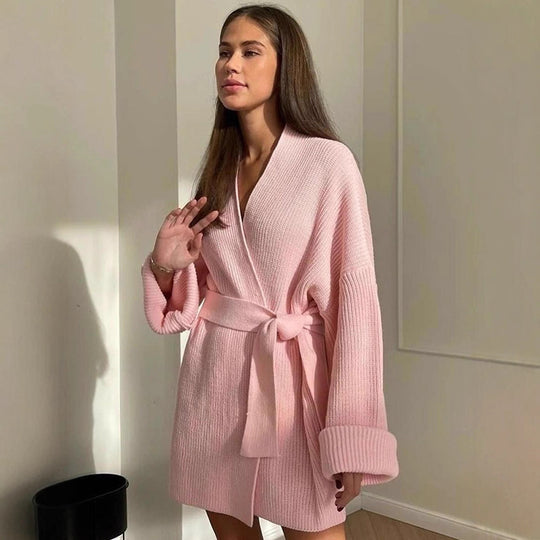 Damen Oversize Strickmantel mit Bindegürtel und geripptem Feinstrick Nord Taschen