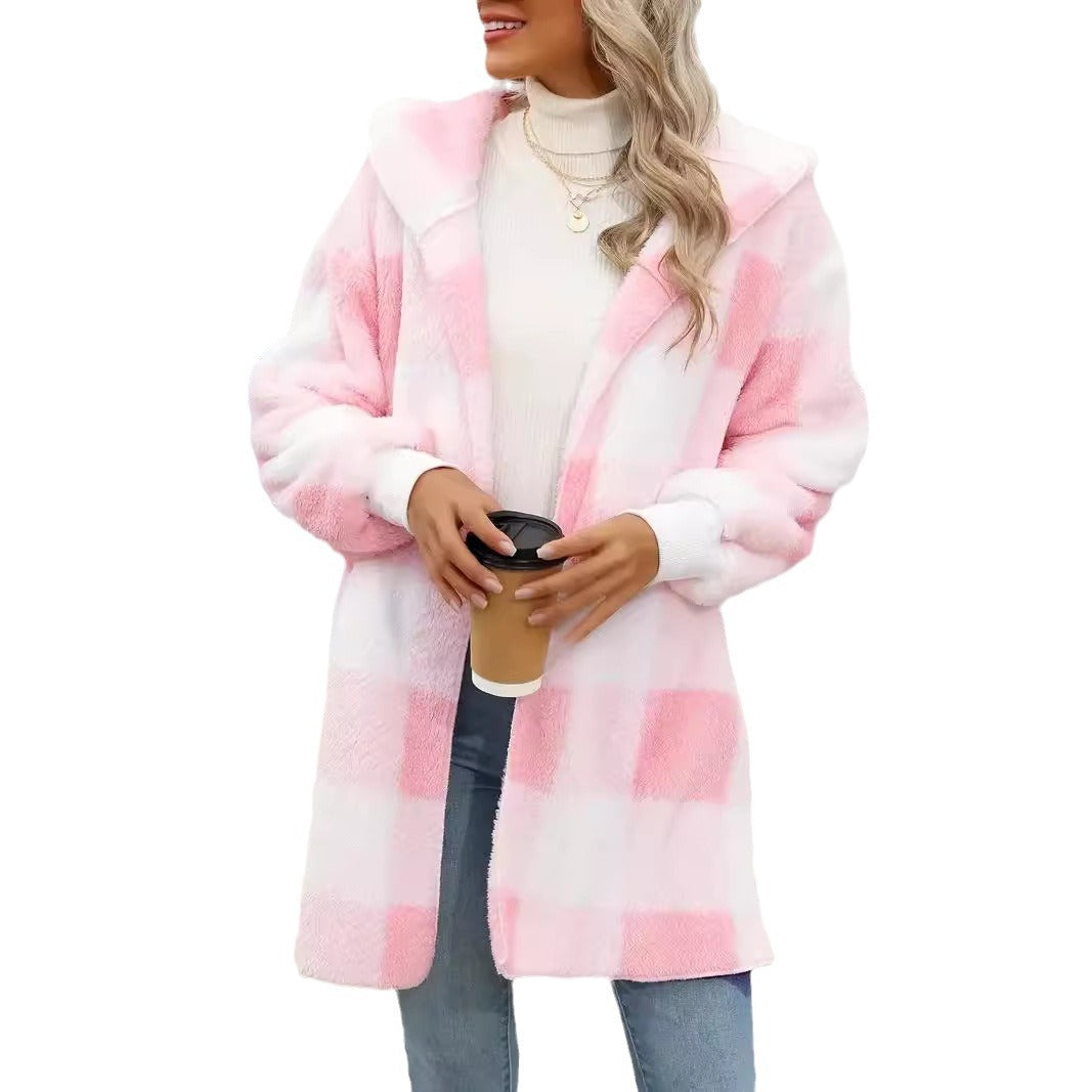 Damen Oversize Karierter Teddy-Mantel mit Kapuze und Eingrifftaschen Nord Taschen