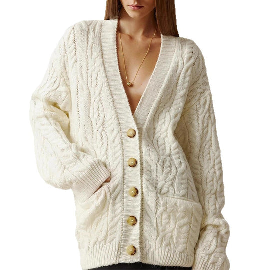 Damen Oversize Zopfmuster-Strickcardigan mit V‑Ausschnitt und aufgesetzten Taschen Nord Taschen