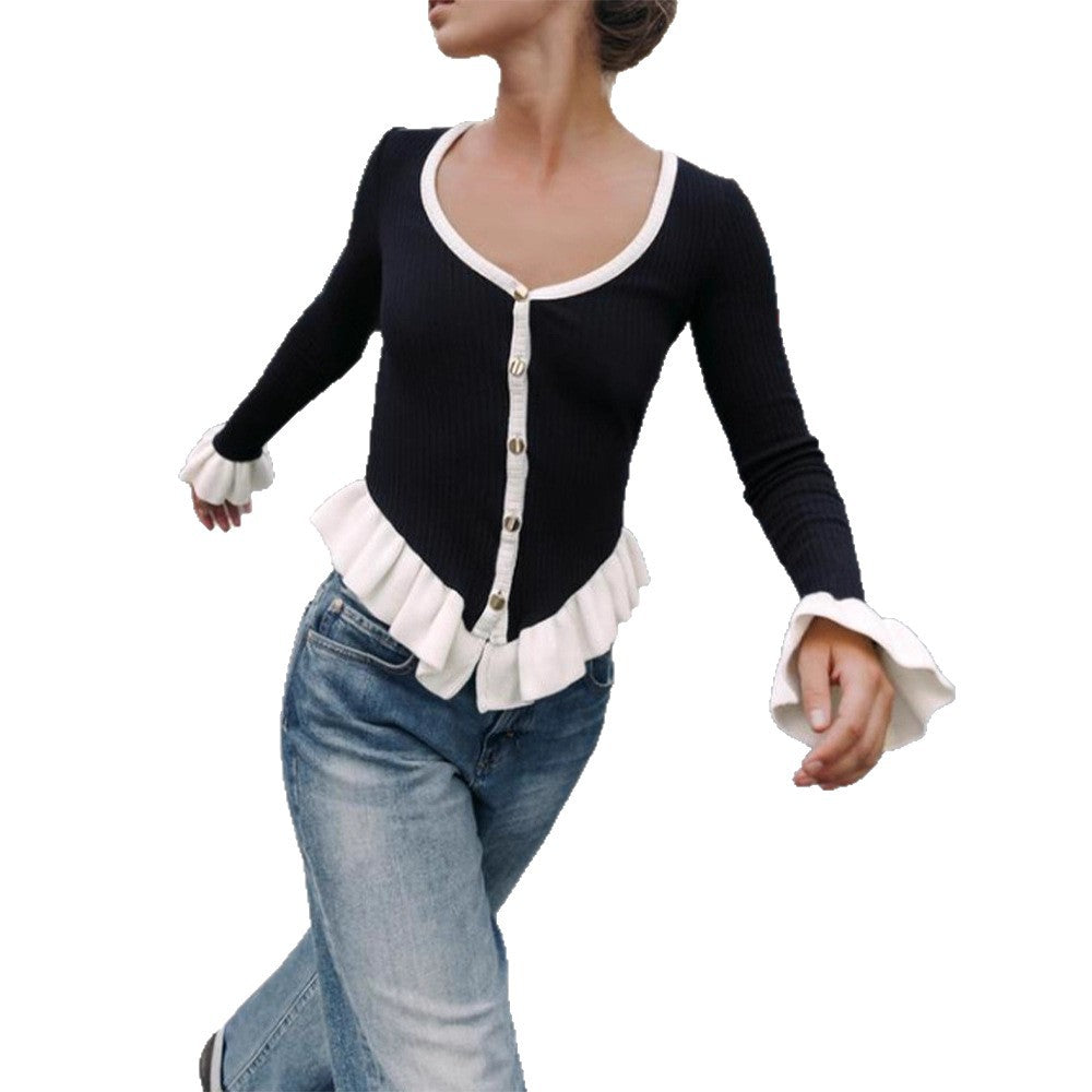 Damen Gerippte Strickjacke mit Volant-Saum, Zierknöpfen und Rüschenmanschetten Nord Taschen