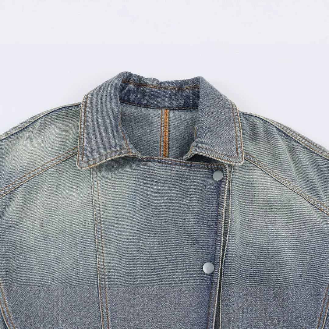 Damen Jeansjacke mit Taillengürtel und asymmetrischer Druckknopfleiste Nord Taschen