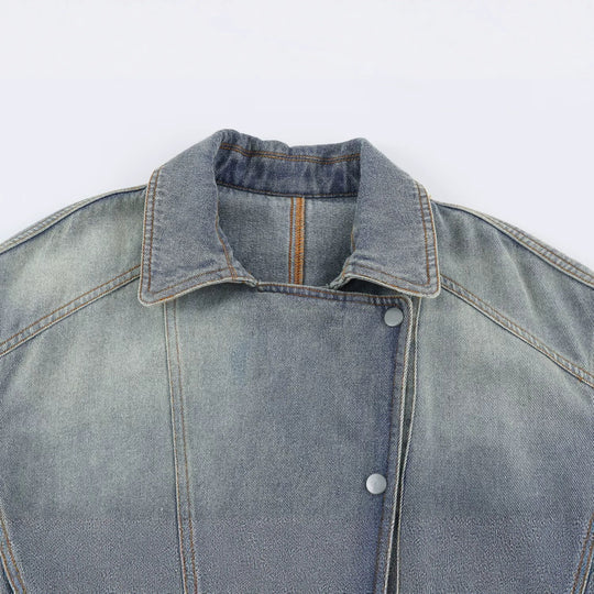 Damen Jeansjacke mit Taillengürtel und asymmetrischer Druckknopfleiste Nord Taschen