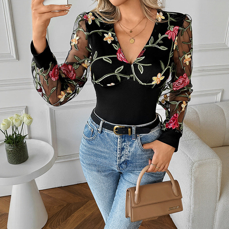 Damen Elegante Bluse mit floralen Spitzenärmeln Nord Taschen