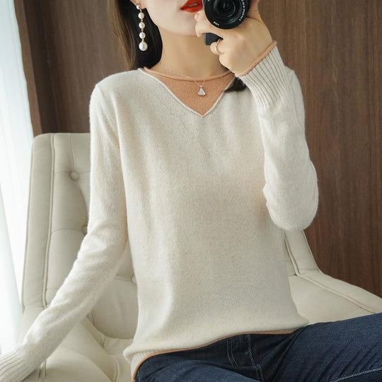 Damen Weicher V‑Ausschnitt-Pullover aus Kaschmir‑Look mit kontrastierter Kantenverzierung Nord Taschen