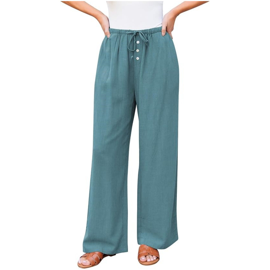 Damen Leinenoptik-Hose mit weitem Bein, Gummizug-Taille, Tunnelzug und Knopfdetail Nord Taschen
