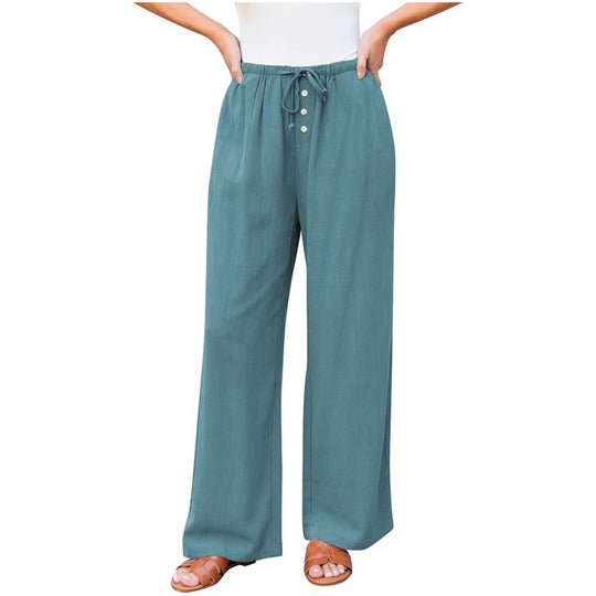Damen Leinenoptik-Hose mit weitem Bein, Gummizug-Taille, Tunnelzug und Knopfdetail Nord Taschen