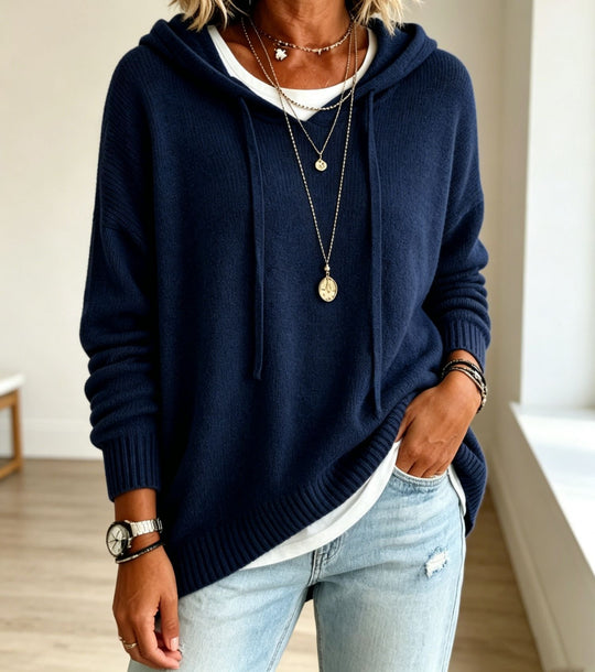 Damen Oversize-Kapuzensweater aus feinem Strick mit gerippten Bündchen Nord Taschen