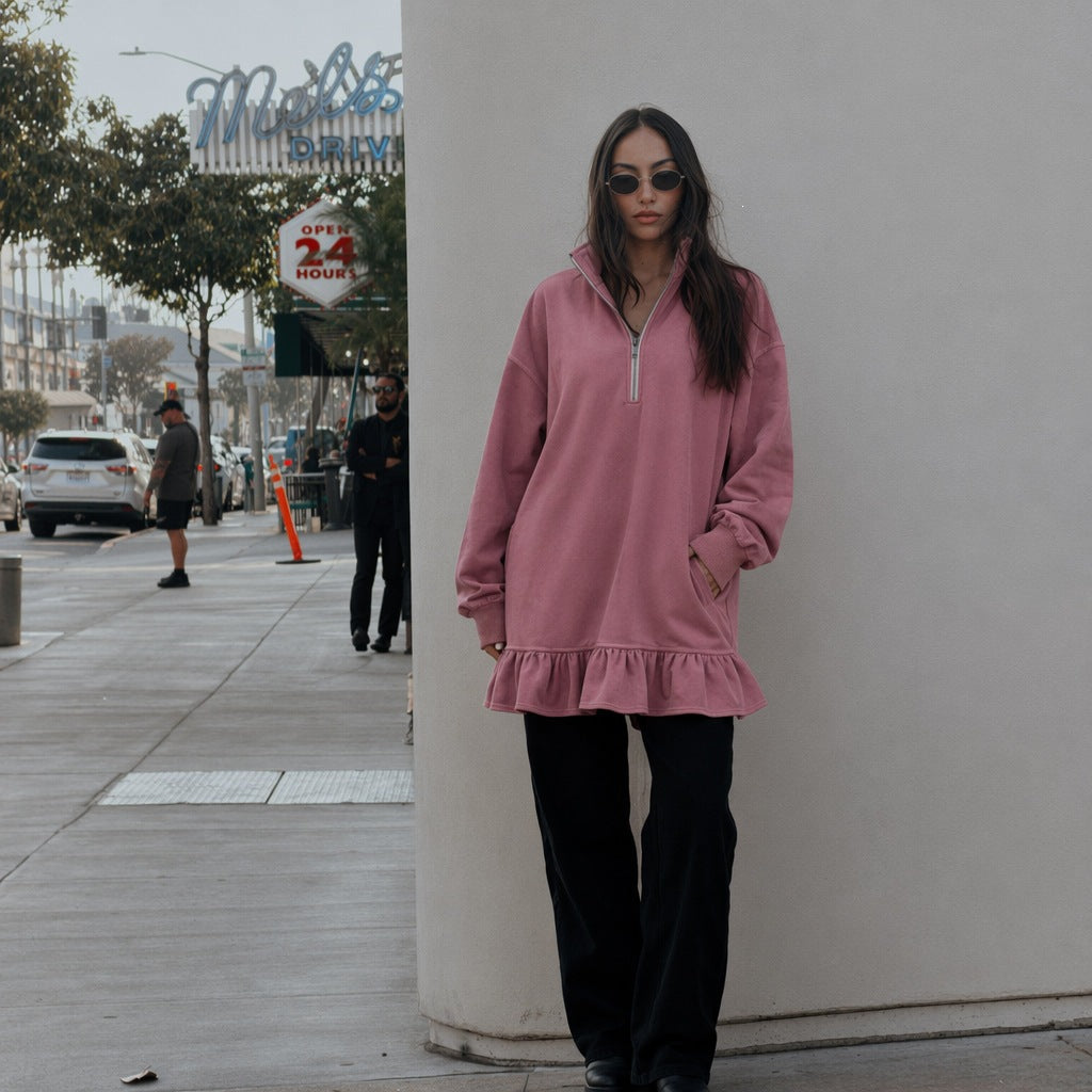 Damen Oversize-Sweatkleid mit halbem Reißverschluss, Ballonärmeln, seitlichen Eingrifftaschen und Volant-Saum Nord Taschen