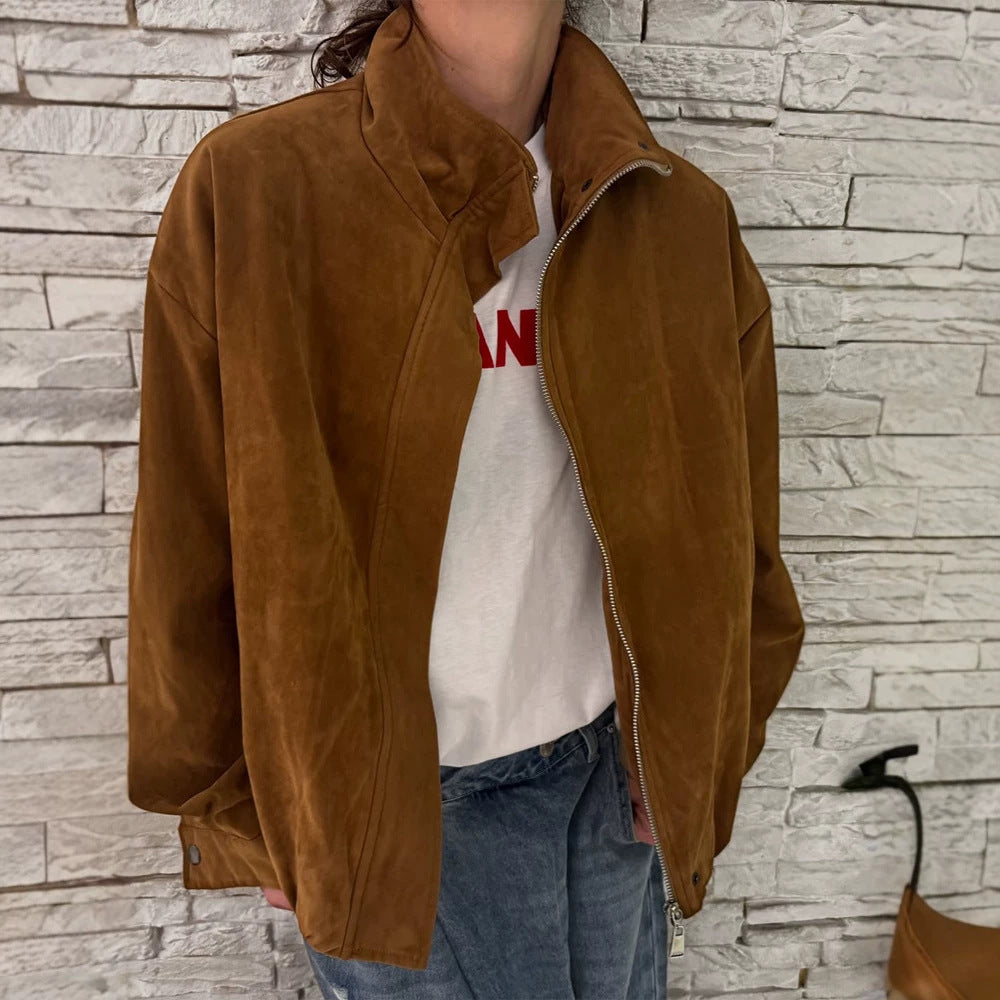Damen Oversize Veloursleder-Blouson mit hohem Stehkragen und Metallreißverschluss Nord Taschen