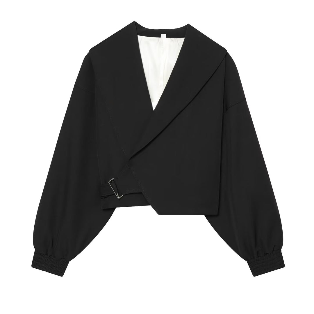 Damen Kurze Wickeljacke mit weitem Schalkragen, taillierendem Schnallenband und Ballonärmeln Nord Taschen