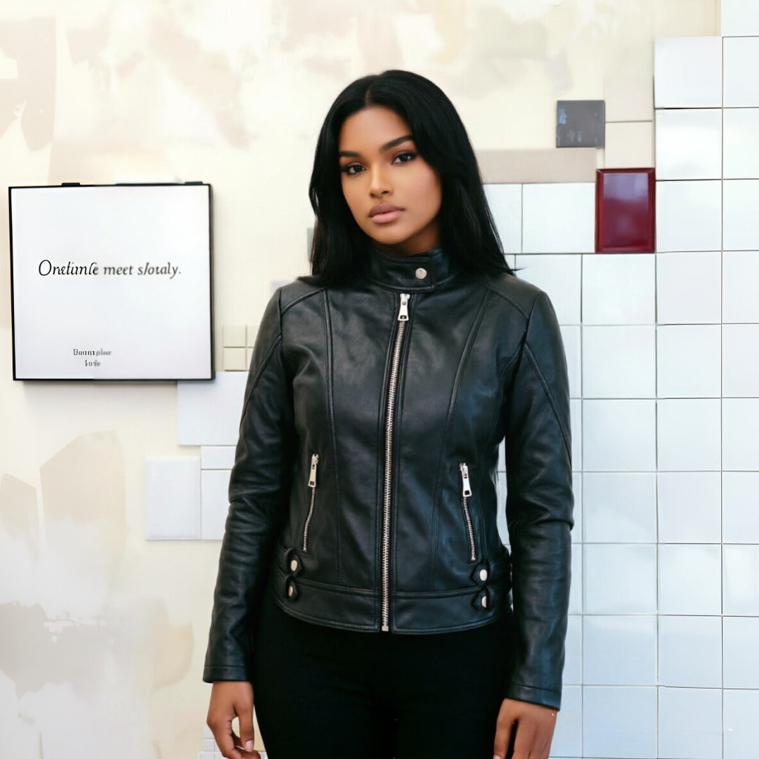 Damen Figurbetonte Motorradjacke mit hohem Stehkragen und Ziergürtel-Details Nord Taschen