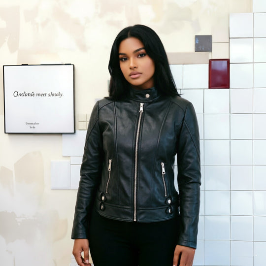 Damen Figurbetonte Motorradjacke mit hohem Stehkragen und Ziergürtel-Details Nord Taschen