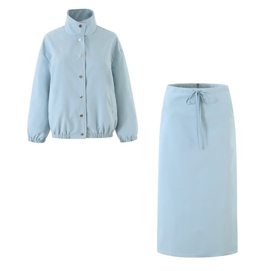 Damen Zweiteiliges Set aus kurzem Blouson mit Stehkragen und hoher Taillen-Bleistiftrock Nord Taschen