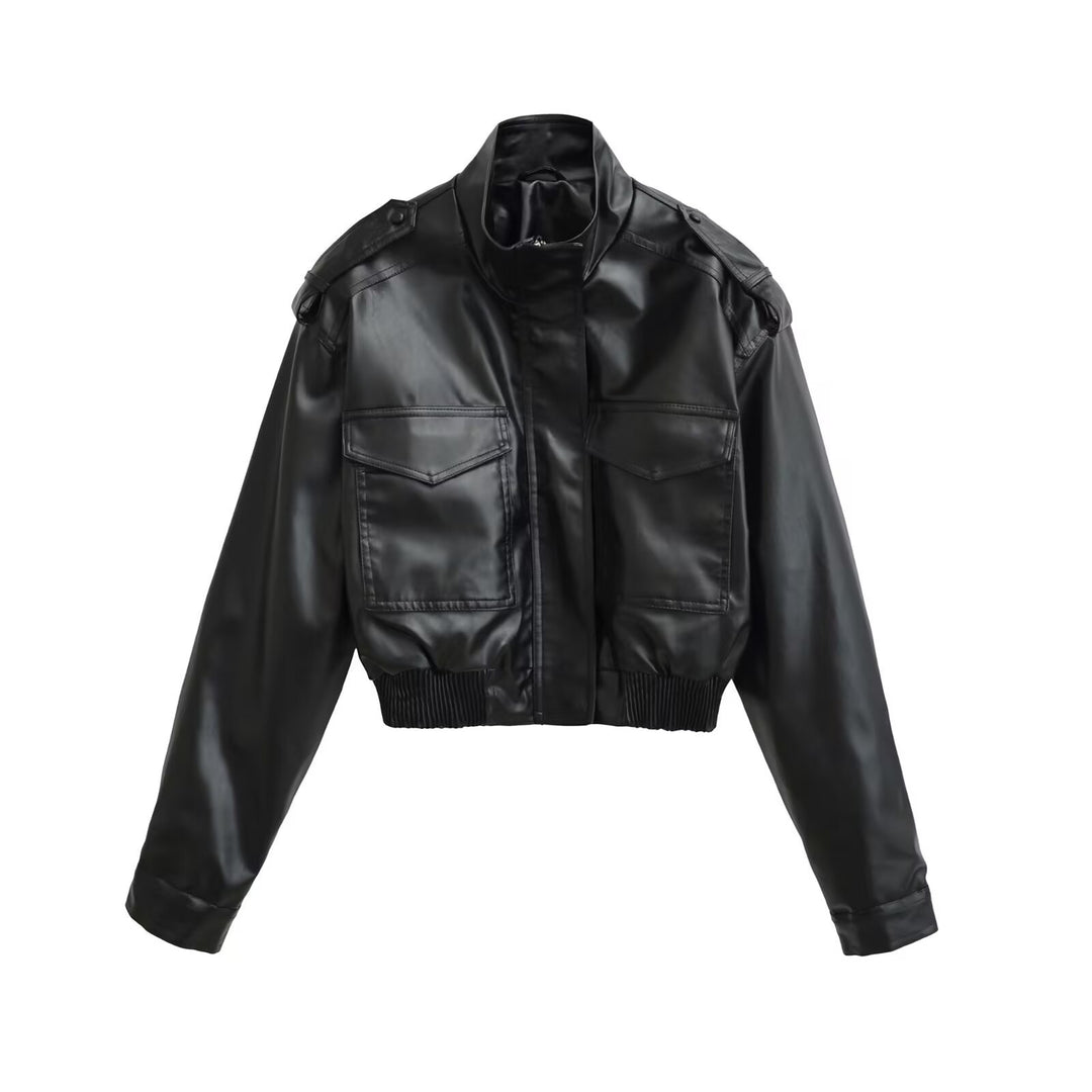 Damen Kurze PU-Leder-Bomberjacke mit hohem Stehkragen, Pattentaschen und Schulterklappen Nord Taschen