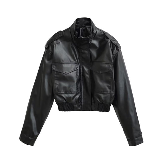 Damen Kurze PU-Leder-Bomberjacke mit hohem Stehkragen, Pattentaschen und Schulterklappen Nord Taschen