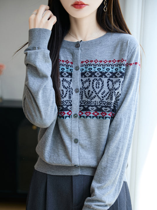 Damen Leichter Feinstrick-Cardigan mit nordischem Jacquardmuster und feiner Knopfleiste Nord Taschen