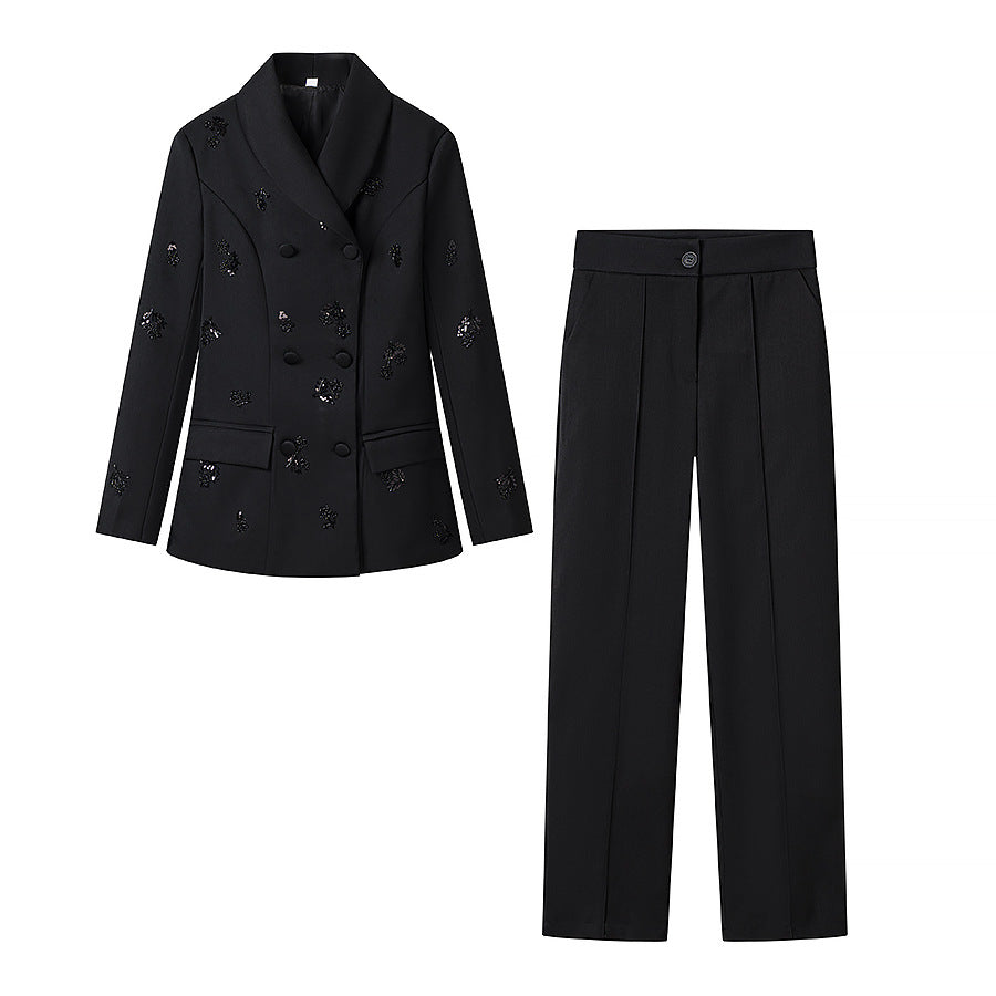 Damen Tailliertes Blazer-Set mit Schößchen und weitem Marlene-Hosenanzug Nord Taschen
