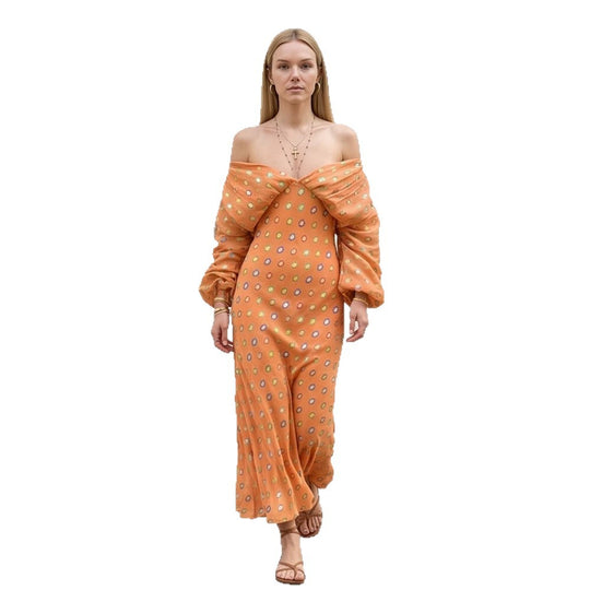 Damen Elegantes Off-Shoulder Maxikleid mit gedrehtem Vorderteil und Ballonärmeln Nord Taschen