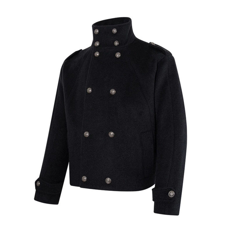 Damen Kurze Doppelreihige Militärische Cabanjacke mit Stehkragen und Epauletten Nord Taschen