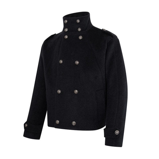 Damen Kurze Doppelreihige Militärische Cabanjacke mit Stehkragen und Epauletten Nord Taschen
