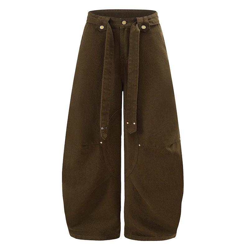 Damen Extraweite High‑Waist Palazzo‑Hose mit dekorativem Knie‑Patch, Bindegürtel und Culotte‑Schnitt Nord Taschen